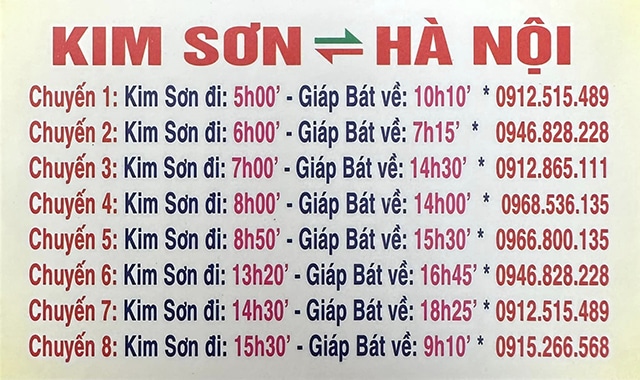 Giờ xuất bến Kim Sơn đi Giáp Bát và số điện thoại từng xe