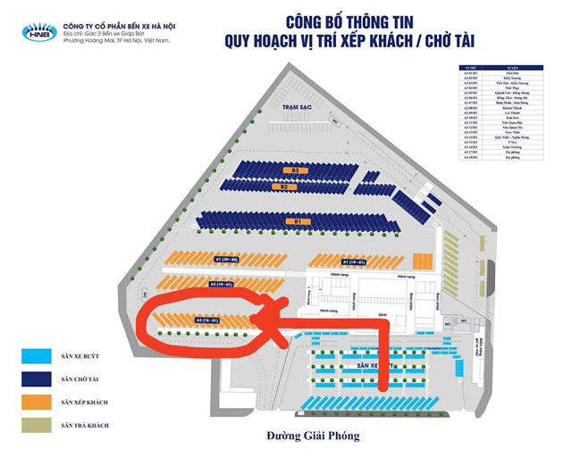 Nhà xe Đức Long Ninh Bình đỗ xe tại khu vực A3 trong bến xe Giáp Bát