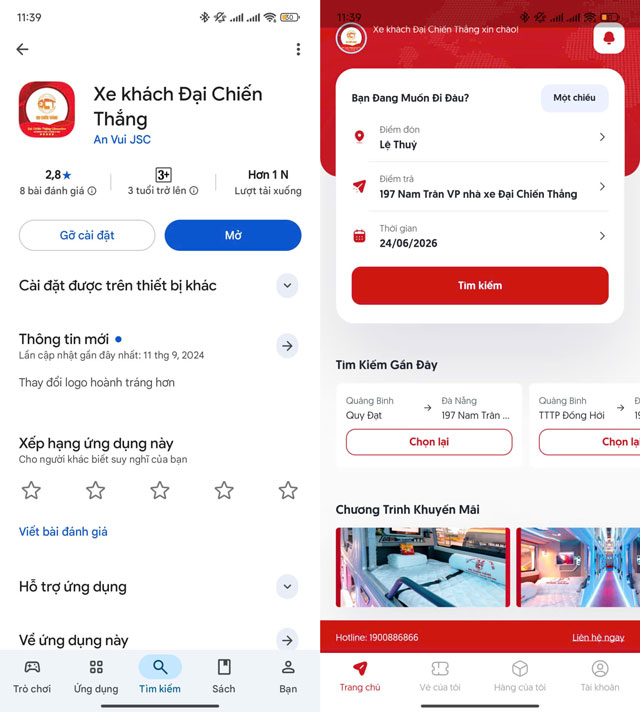 App đặt vé của nhà xe Đại Chiến Thắng