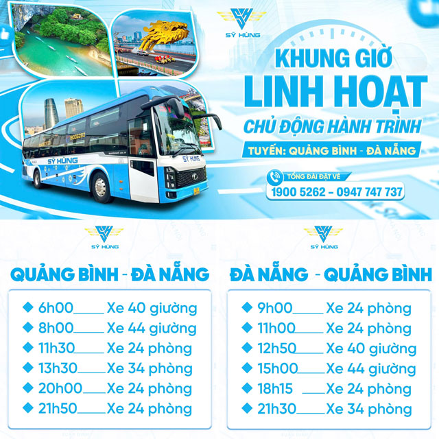 Khung giờ xuất bến của nhà xe Sỹ Hùng từ Quảng Bình đi Đà Nẵng và ngược lại