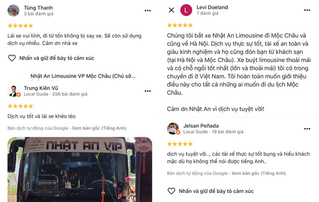 Một số nhận xét của hành khách về nhà xe Nhật An limousine trên Google map