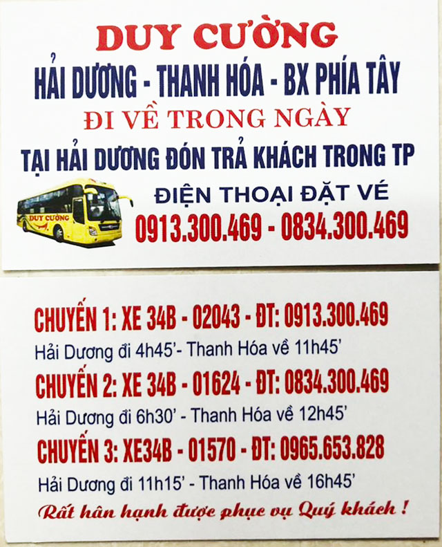Thông tin liên hệ 3 chuyến xe Duy Cường từ Hải Dương đi Thanh Hóa, Vinh trong ngày