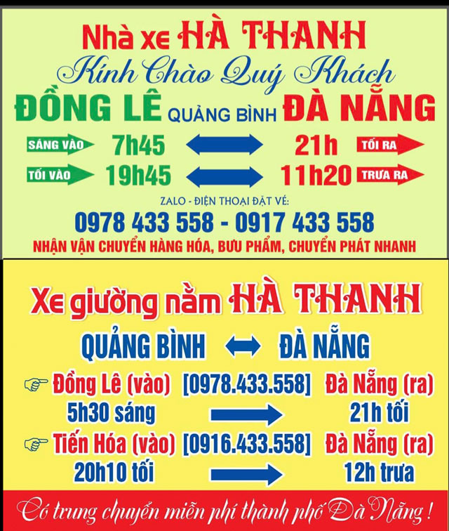 Lịch chạy của nhà xe Hà Thanh Đồng Lê đi Đà Nẵng và ngược lại