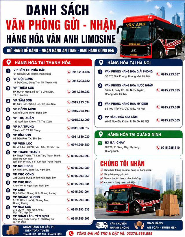 Danh sách văn phòng và điểm nhận trả hàng của Vân Anh limousine