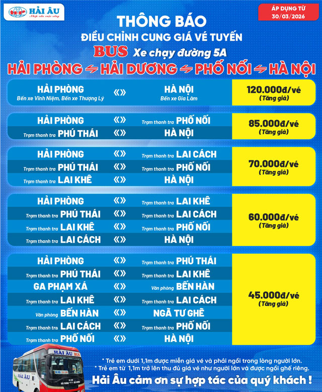 Giá vé xe khách Hải Âu tuyến Hà Nội Hải Phòng