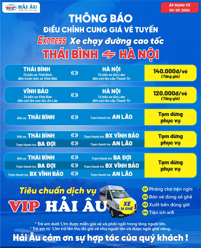 Giá vé tuyến xe khách Hà Nội Thái Bình của nhà xe Hải Âu