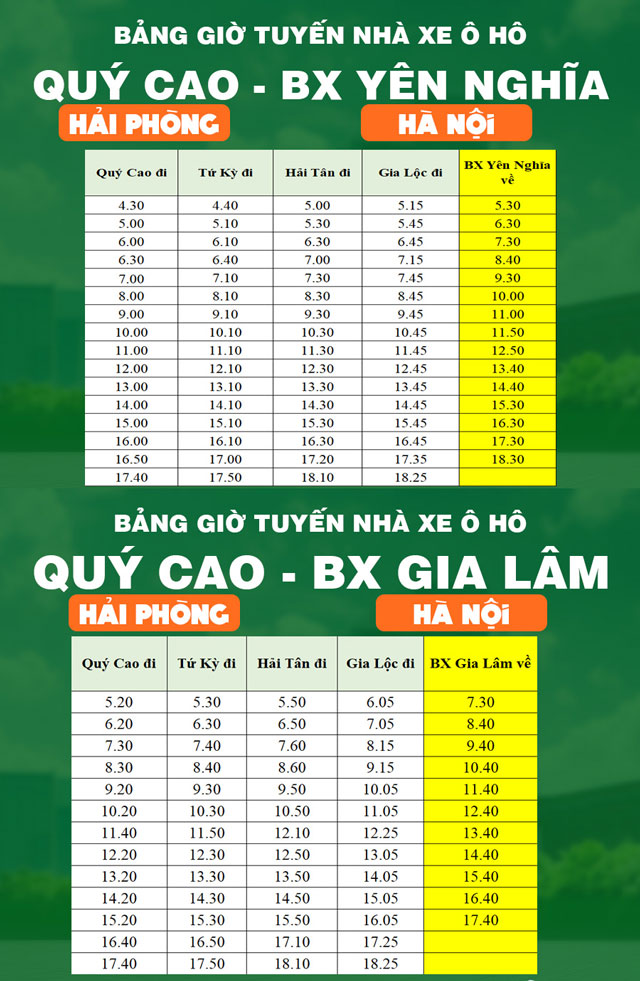 Giờ xe Ô Hô chạy từ Quý Cao đi Hà Nội