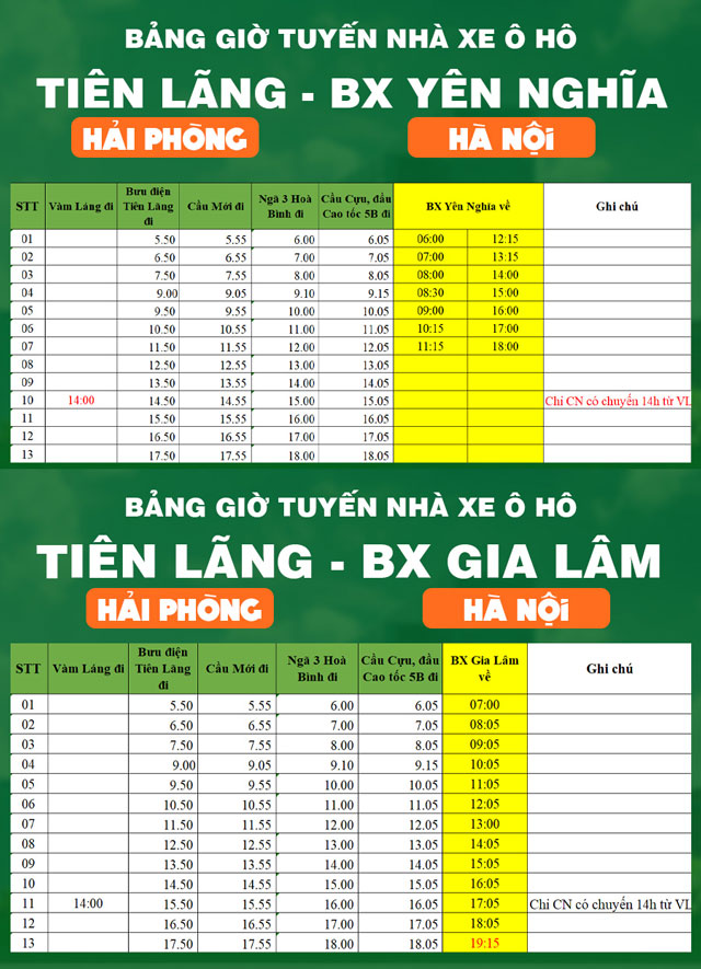 Giờ xe Ô Hô khởi hành từ Tên Lãng đi Yên Nghĩa và Gia Lâm