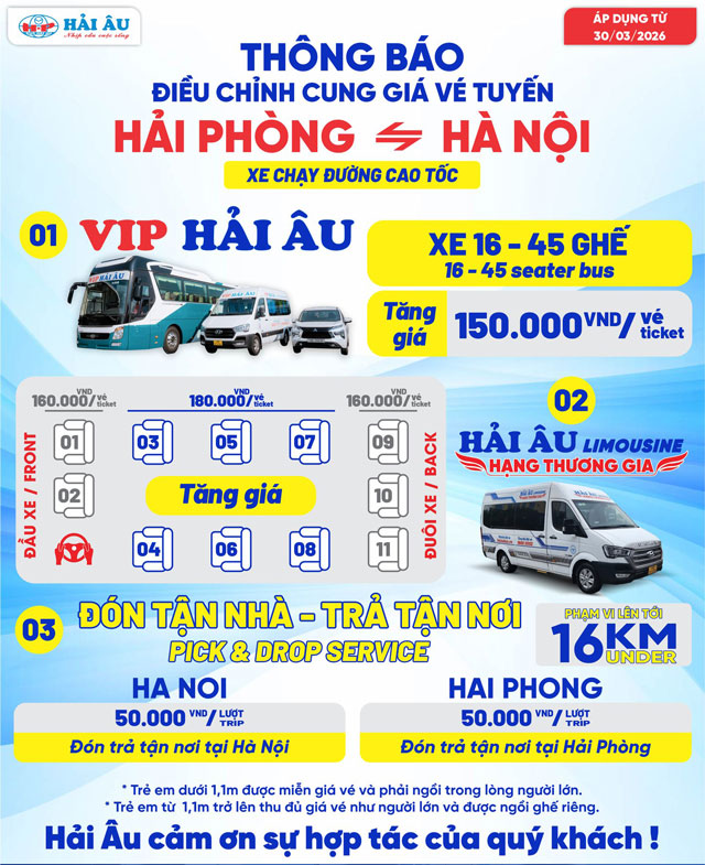 Giá vé nhà xe Hải Âu tuyến chạy đường cao tốc