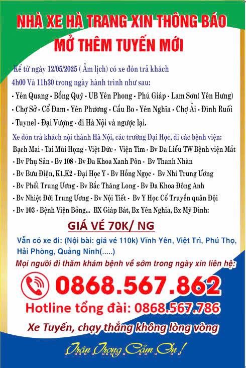Lộ trình và lịch trình nhà xe Hà Trang từ ngày 12/05/2025