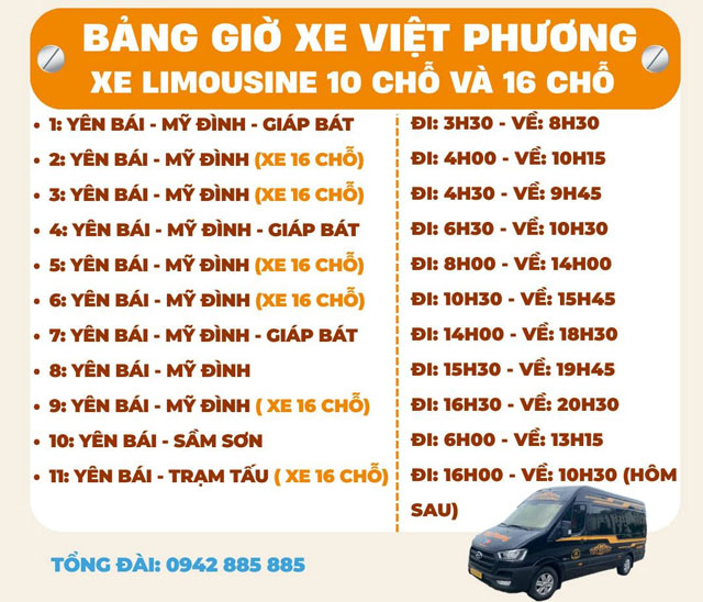 Giờ xuất bến của nhà xe Việt Phương xe 16 chỗ