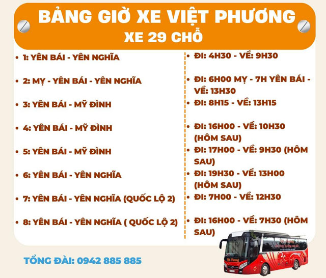 Giờ xuất bến của nhà xe Việt Phương xe 29 chỗ