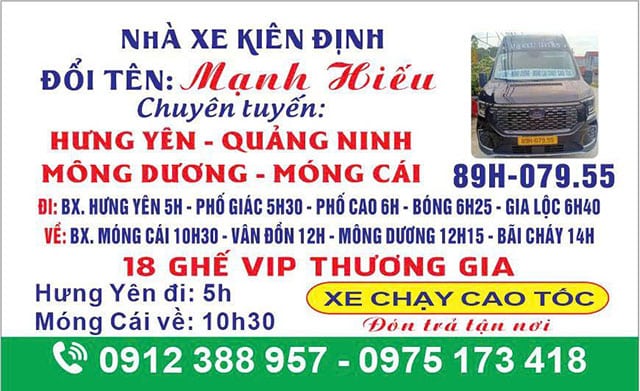Nhà xe Mạnh Hiếu limoisine VIP Hưng Yên đi Móng Cái