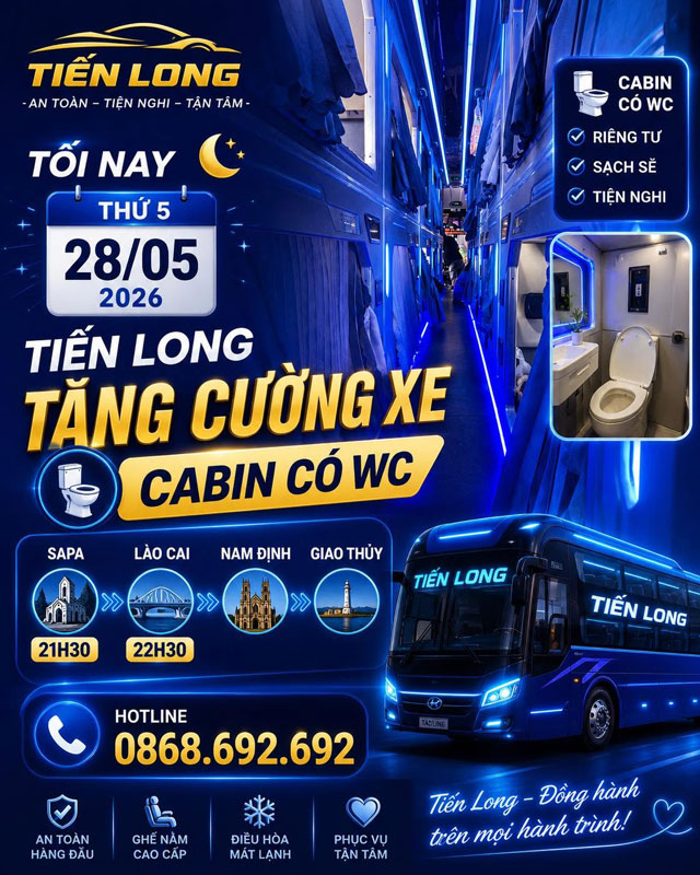 Xe cabin Tiến Long mới rộng rãi, màn hình giải trí, xe có WC riêng