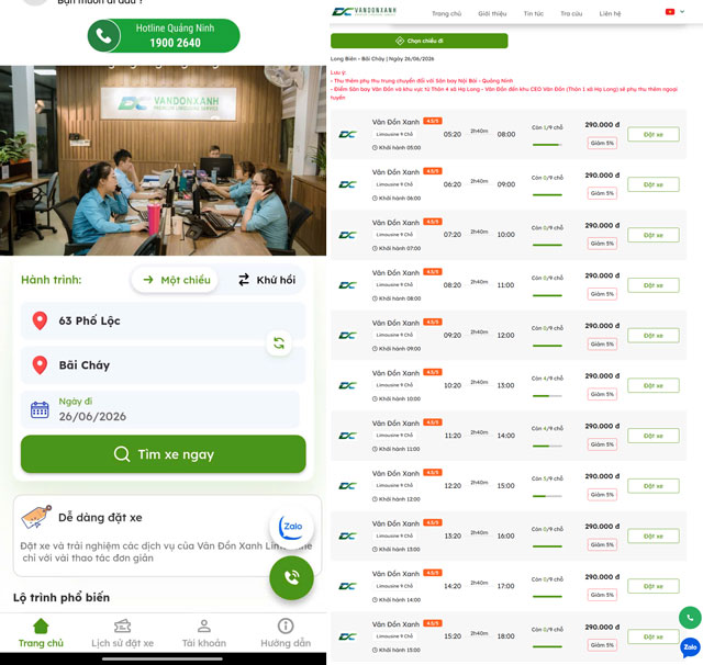 App đặt vé và website đặt vé của nhà xe Vân Đồn Xanh